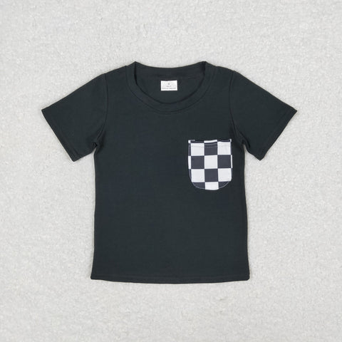 BT0660 RTS baby boy clothes black plaid pocket toddler boy summer top tshirt 3-6M to 7-8T