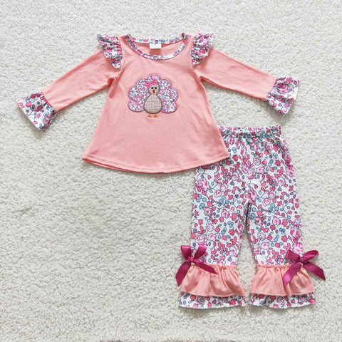 GLP0466 toddler girl clothes embroidery turkey girl thanksgiving outfit