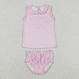 GBO0222 baby girl clothes pink plaid girl summer bummies set newborn summer clothes