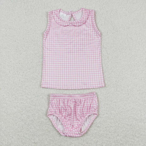 GBO0222 baby girl clothes pink plaid girl summer bummies set newborn summer clothes