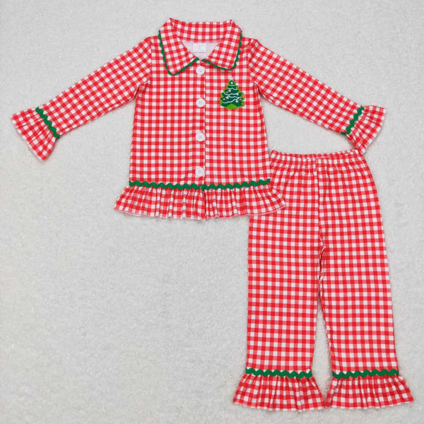 GLP0854 toddler girl clothes christmas tree embroidery girl christmas pajamas set