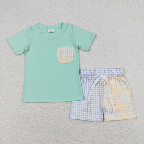 BSSO0680 RTS baby boy clothes gingham toddler boy summer outfits
