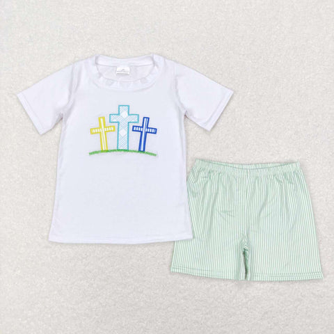 BSSO0337 baby boy clothes cross embroidery boy easter outfit easter shorts set
