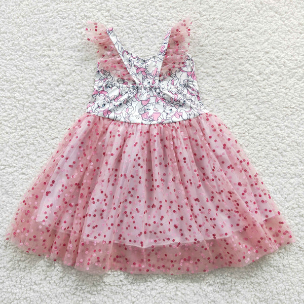 GSD0360 kids clothes girls cartoon cat pink tulle dress girl party dress