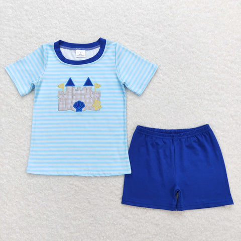 BSSO0747 RTS baby boy clothes embroidery castle toddler boy summer outfits