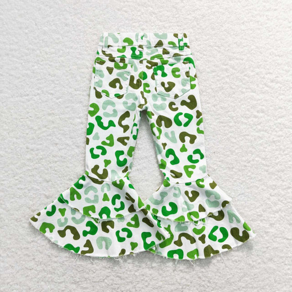 P0395 baby girl clothes green leopard print toddler  bell bottom jeans St. Patrick's Day clothes