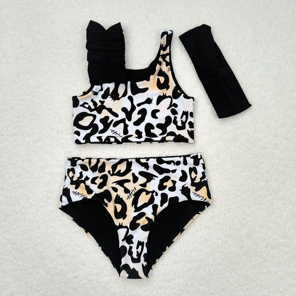 S0223 RTS baby girl clothes orange leopard pattern girl summer swimsuit(swimsuit+headband)