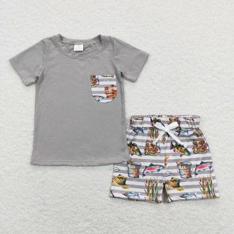 BSSO0481 baby boy clothes boy fishing outfit grey toddler summer outfits