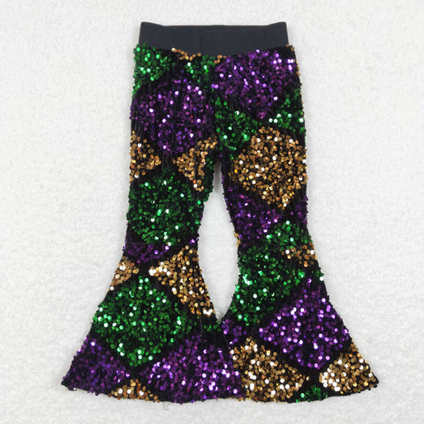 P0359 kids clothes girls toddler mardi gras clothes purple green yellow girl sequin pant girl flare pant