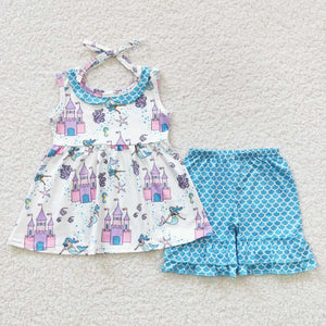GSSO0304 baby girl clothes castle summer shorts set