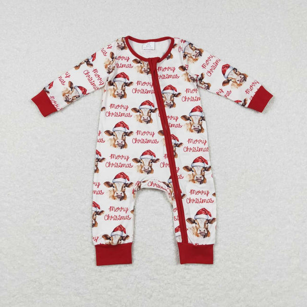 LR0739 baby clothes cow chrristmas romper pajamas winter zipper romper