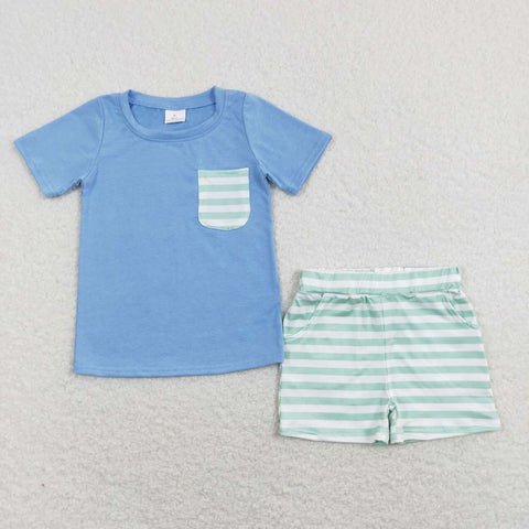 BSSO0366 RTS baby boy clothes blue pocket boy summer shorts set