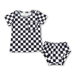 GBO0144 baby clothes black plaid summer bummies set