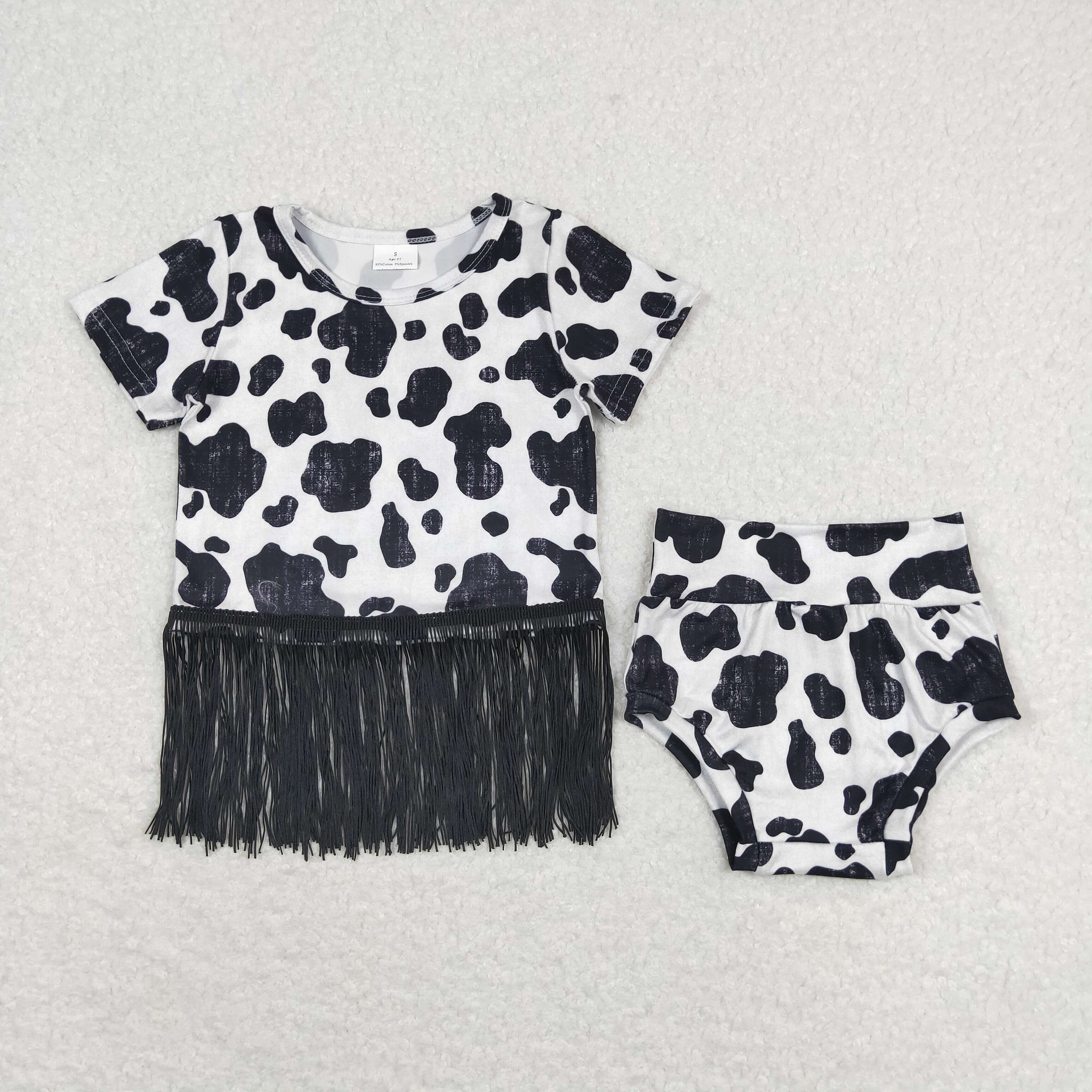 GBO0273 RTS baby girl clothes cow pattern tassels girl summer bummies sets