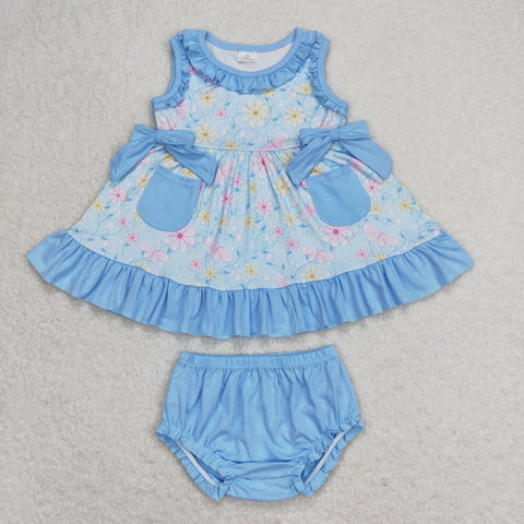 GBO0290 RTS baby girl clothes blue flower toddler girl summer bummies set