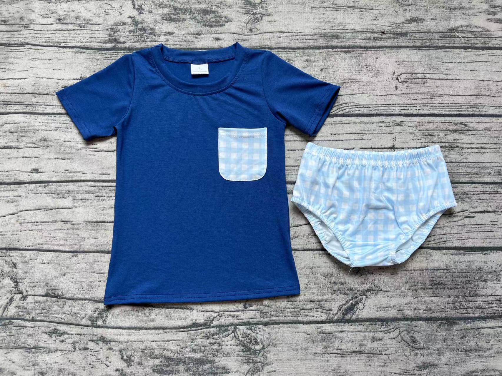 GBO0347 pre-order baby boy clothes blue gingham boy summer bummies sets （print）