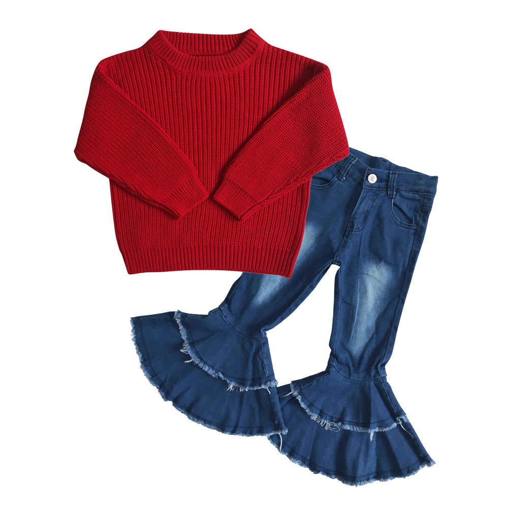 GLP0829 baby girl clothes red knit sweater top+jeans girl christmas outfit