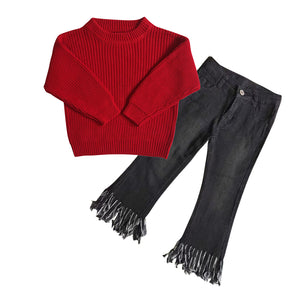 GLP0830 baby girl clothes red knit sweater top+jeans girl christmas outfit
