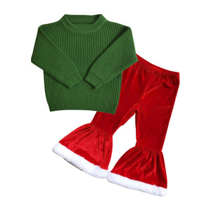 GLP0832 baby girl clothes green knit sweater top+red velvet girl christmas outfit