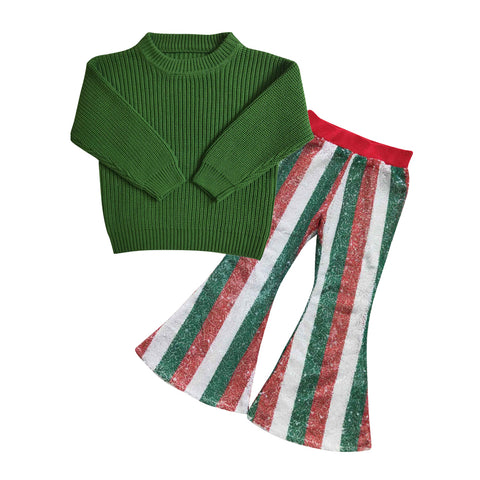 GLP0833 baby girl clothes green knit sweater top+sequin pant girl christmas outfit