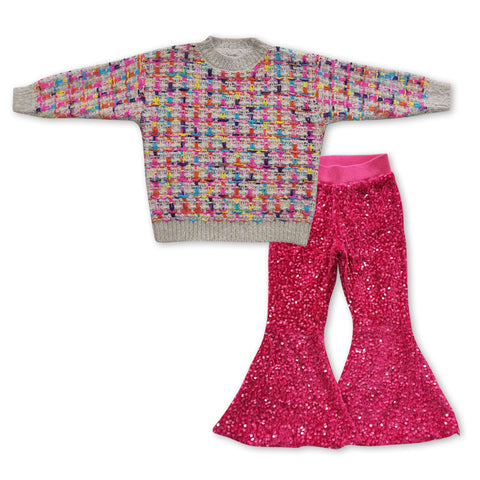 GLP0930 toddler girl clothes knit sweater hot pink girl winter outfit