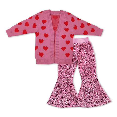 RTS NO MOQ baby girl clothes heart sweater coat pink sequin pant girl valentines day outfit
