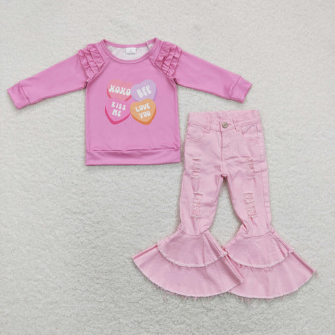 GLP1165 baby girl clothes heart girl valentines day clothing set jeans set