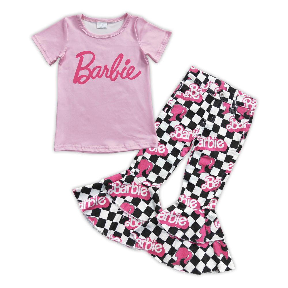 GSPO0902 baby girl clothes hot pink girl bell bottom outfit