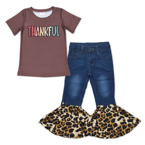 GSPO0981 toddler girl clothes thankful tshirt leopard print jeans outfit