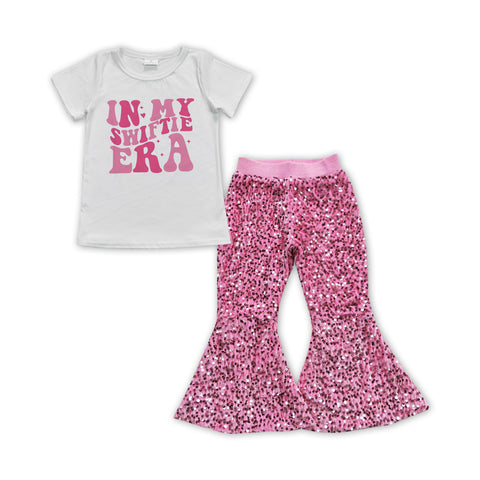 GSPO1259 baby girl clothes pink letter sequins girls bell bottoms outfit