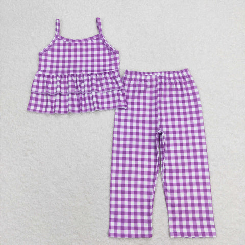 GSPO1379 RTS baby girl clothes purple plaid girls spring summer outfit