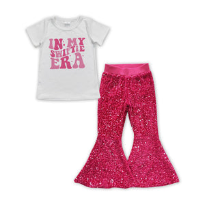 GSPO1468 baby girl clothes 1989 singer pink girl sequin bell bottom pant set