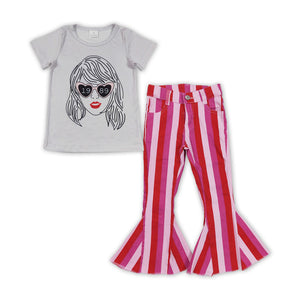 GSPO1470 baby girl clothes 1989 singer pink girl  bell bottoms jeans outfits