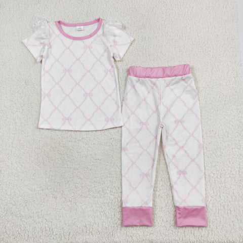 GSPO1517 RTS  baby girl clothes pink bow girl spring pajamas outfit-bamboo