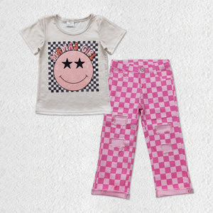 GSPO1606 RTS baby girl clothes smile pink plaid girl  bell bottoms jeans outfits