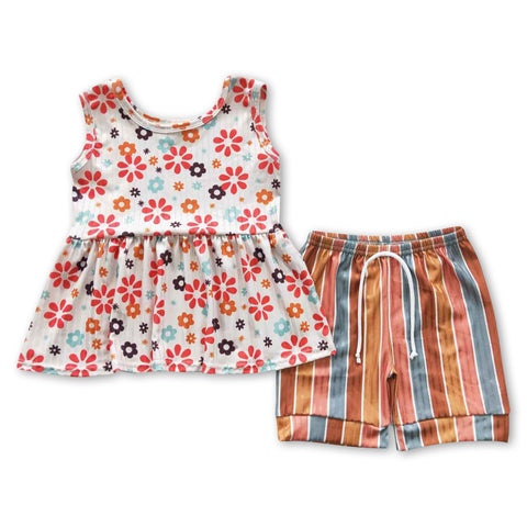 GSSO0339 toddler girl clothes ribbed floral girl summer shorts set