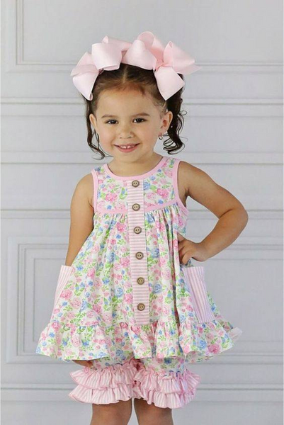 GSSO0569 baby girl clothes pink flower girl summer outfits 1