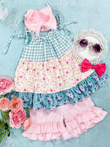 GSSO0836 RTS baby girl clothes pink floral toddler girl summer outfits 1