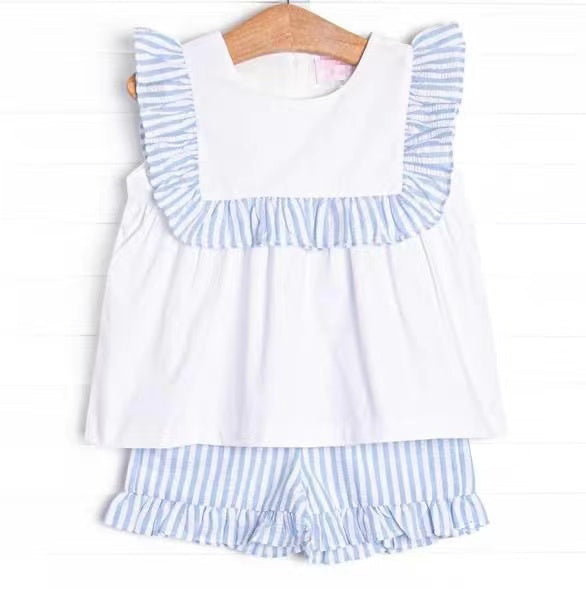 GSSO0926 RTS baby girl clothes blue stripes toddler girl summer outfit 1