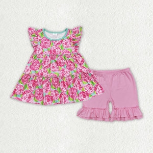 GSSO1171 baby girl clothes pink floral toddler girl summer outfit infant girl shorts set