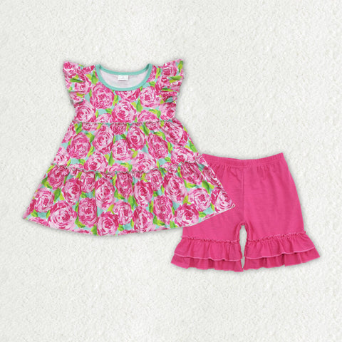 GSSO1172 baby girl clothes pink floral toddler girl summer outfit infant girl shorts set