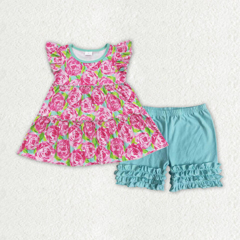 GSSO1173 baby girl clothes pink floral toddler girl summer outfit infant girl shorts set
