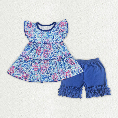 GSSO1174 baby girl clothes blue floral toddler girl summer outfit infant girl shorts set