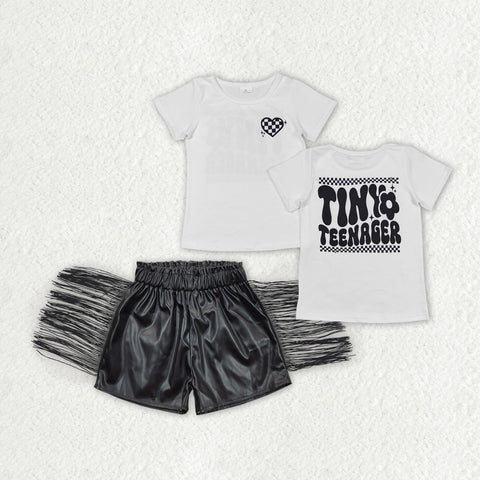 GSSO1419 RTS baby girl clothes girl summer outfit heart black leather shorts set