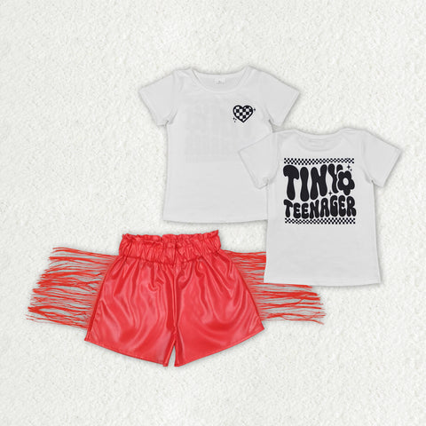 GSSO1420 RTS baby girl clothes girl summer outfit heart red leather shorts set