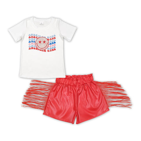 GSSO1421 baby girl clothes patriotic toddler girl summer red tassel leather pants outfits