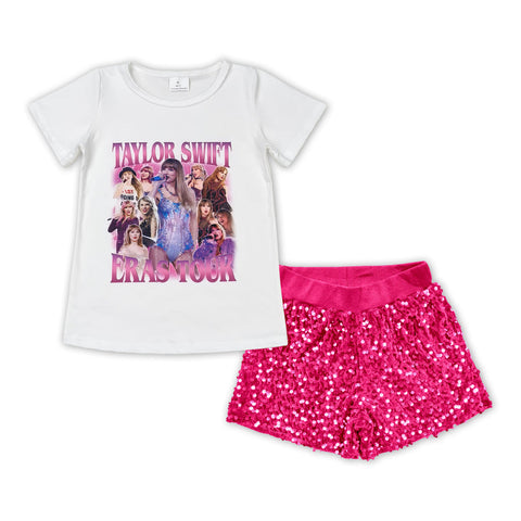 pre-order GSSO1422 toddler girl clothes singer 1989 girl summer shorts set sequin bottom outfit(12-18M to 14-16t)
