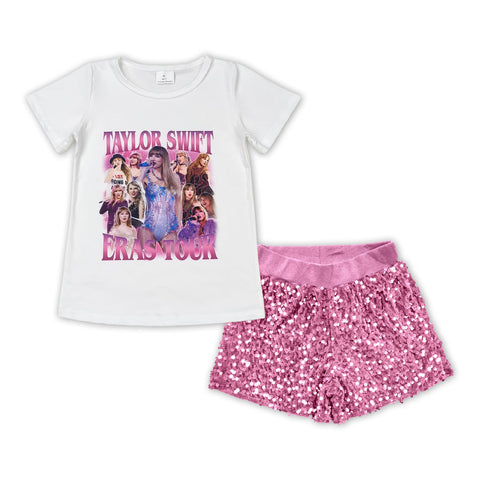 GSSO1423 pre-order  toddler girl clothes singer 1989 girl summer shorts set sequin bottom outfit(12-18M to 14-16t)