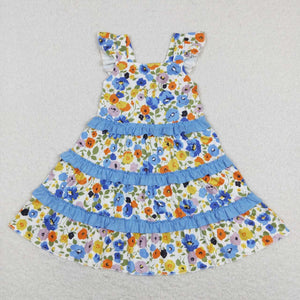 GSD0682 baby girl clothes blue flower floral toddler summer dress ruffles dresses
