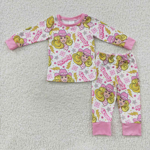 GLP0658 toddler girl clothes howdy cartoon girl winter pajamas set